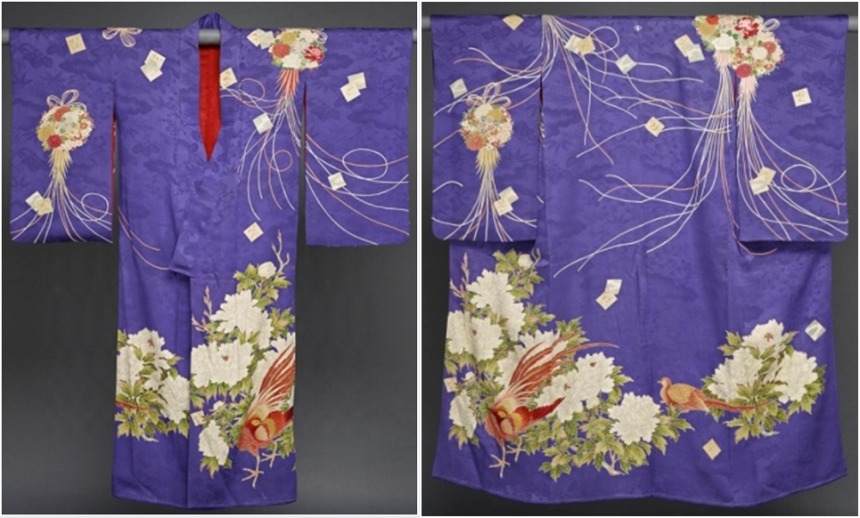 日本　20世紀初  紫暗花緞地花鳥紋友禪染和服