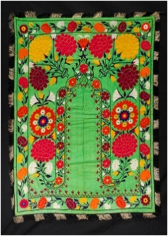 烏茲別克 19世紀 綠地多彩花卉紋蘇紮尼掛飾