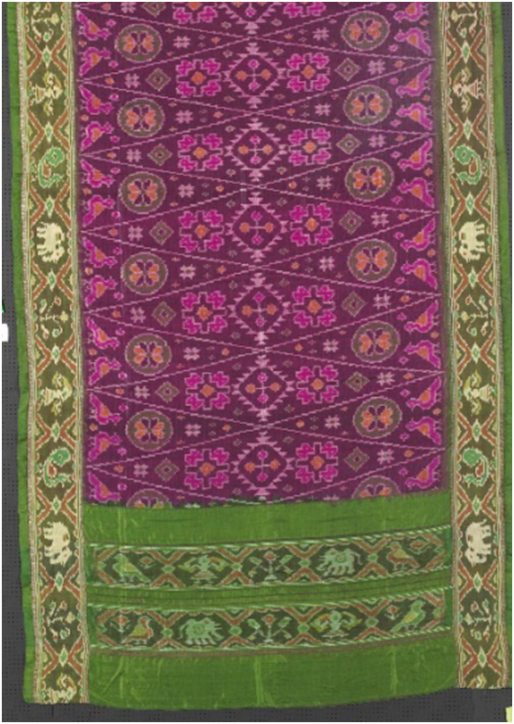 印度　20世紀 綠地紫花紋雙向伊卡紗麗
