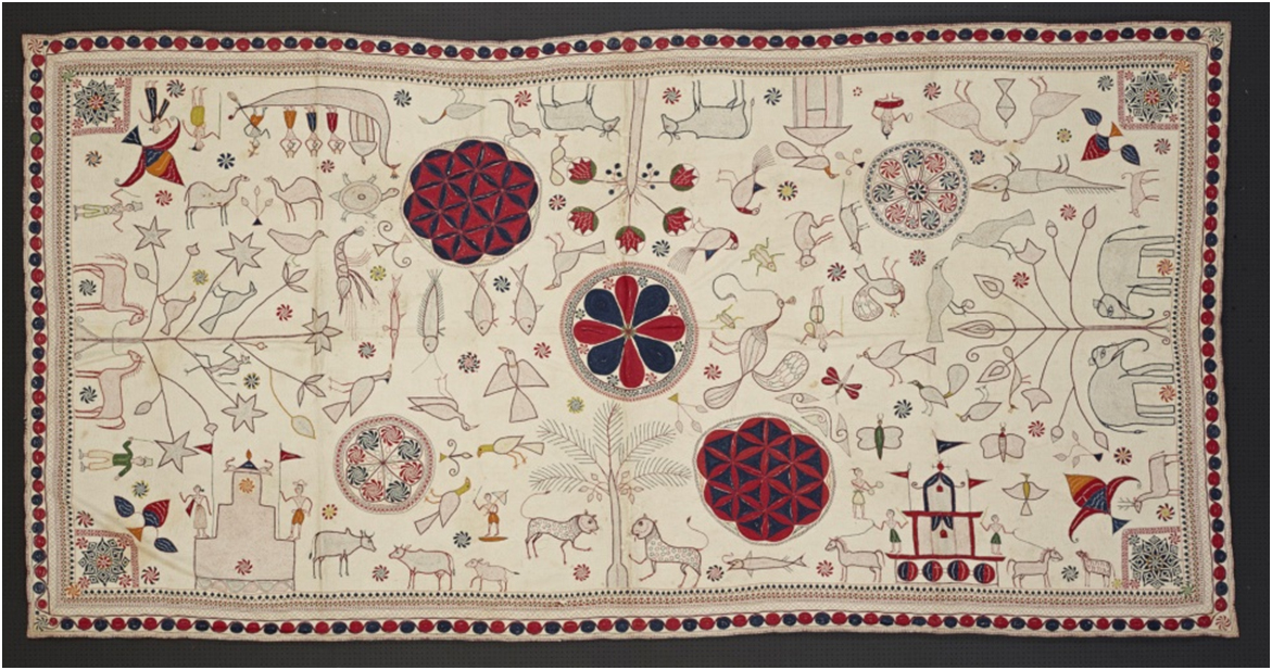 印度　20世紀早期 團花動物紋刺繡蓋被