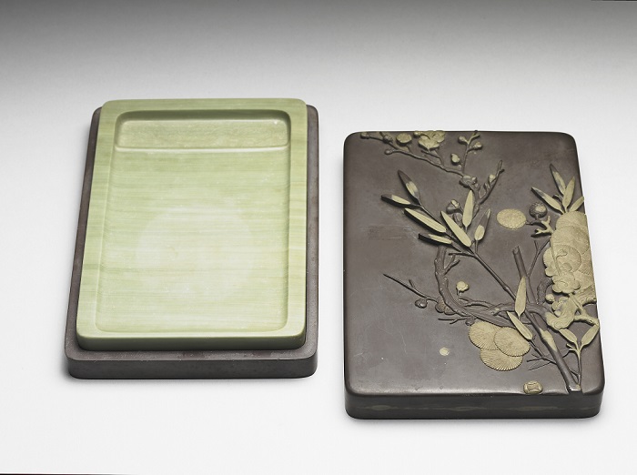 Ink stone and box carved from Songhua stone with "three friends of winter" (pine, bamboo, and plum) motif