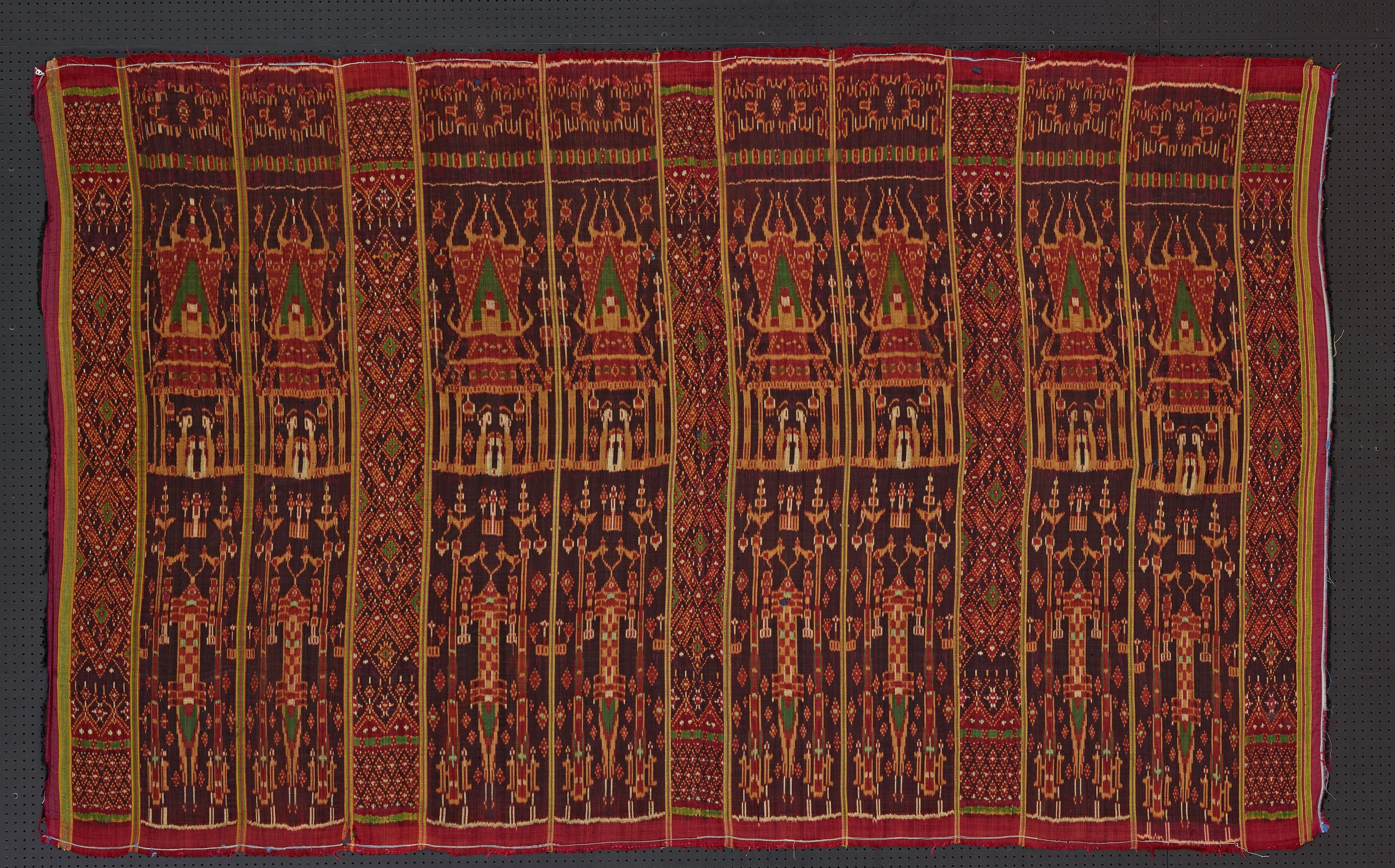 Ikat ceremonial hanging (pidan) with pavilion, figure and banner motifs