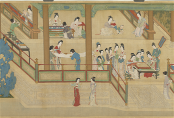 Photo: 國寶〈明 仇英 漢宮春曉圖〉(局部)，描繪宮廷仕女對奕、刺繡等風雅多姿的日常生活。