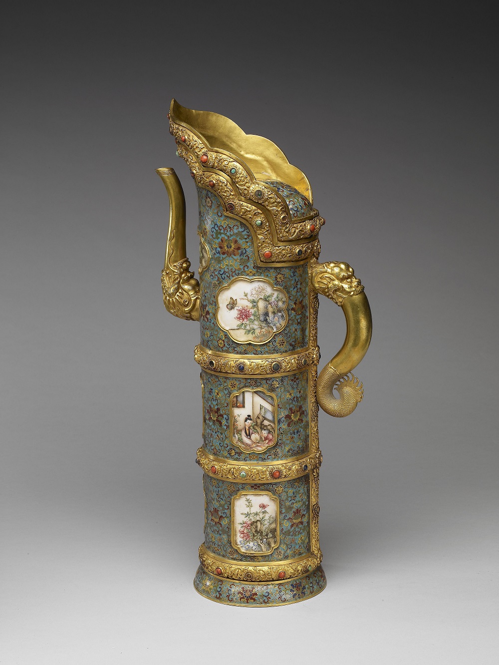 Cloisonné mdong-mo ewer with painted enamel designs