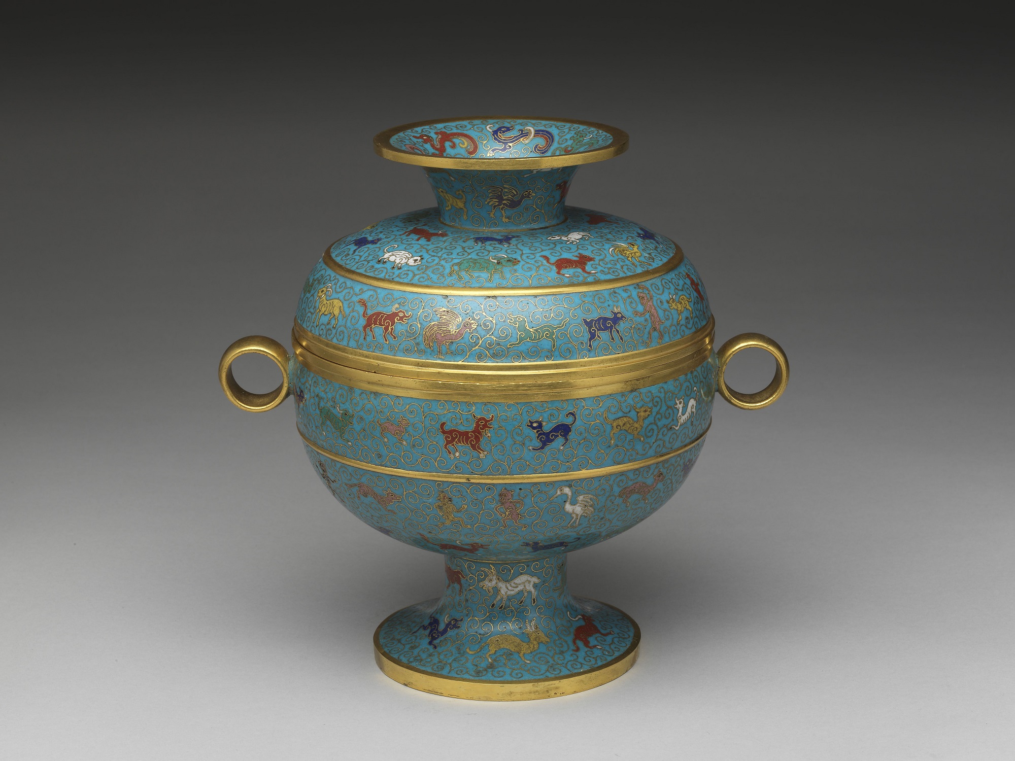 Cloisonné enamel dou container with animal designs