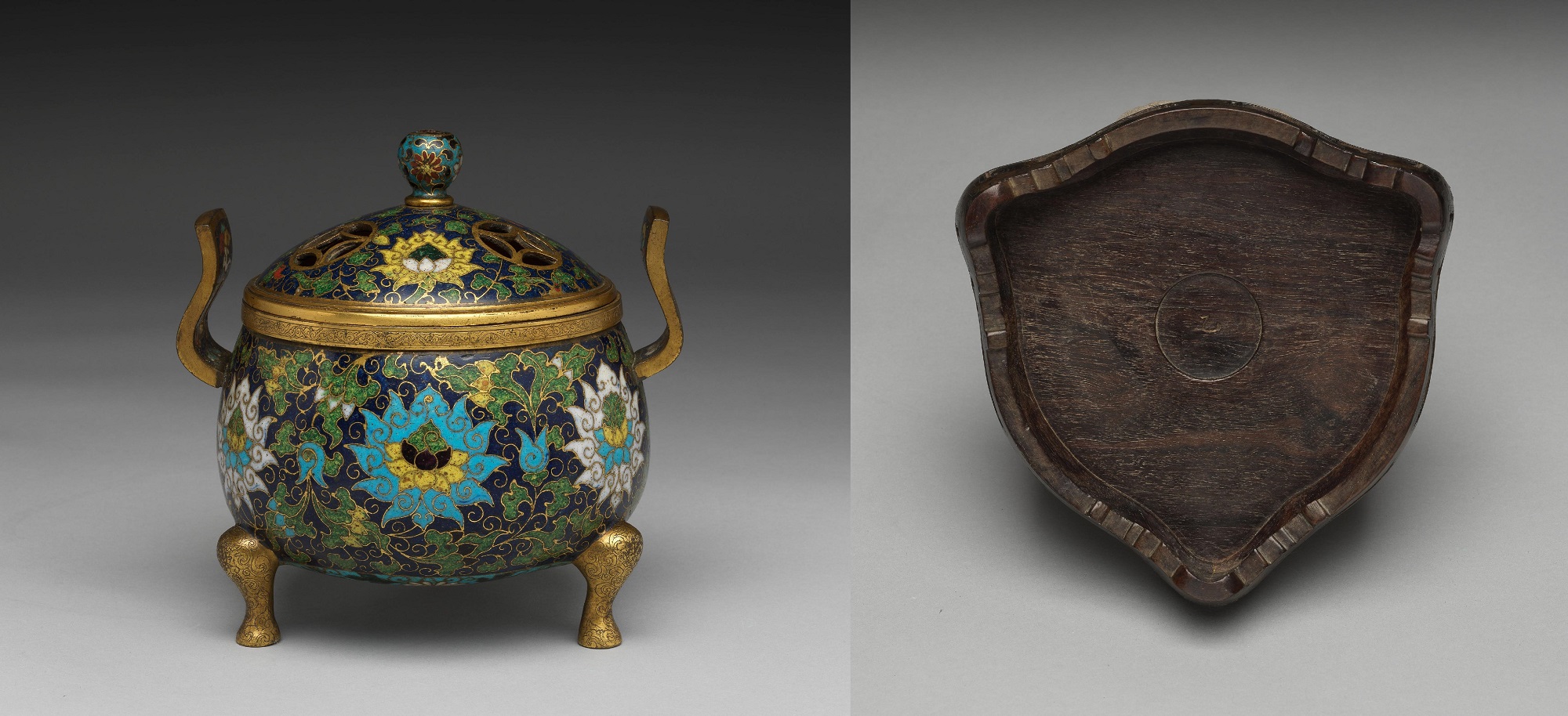 Cloisonné enamel tripod incense burner with lotus design