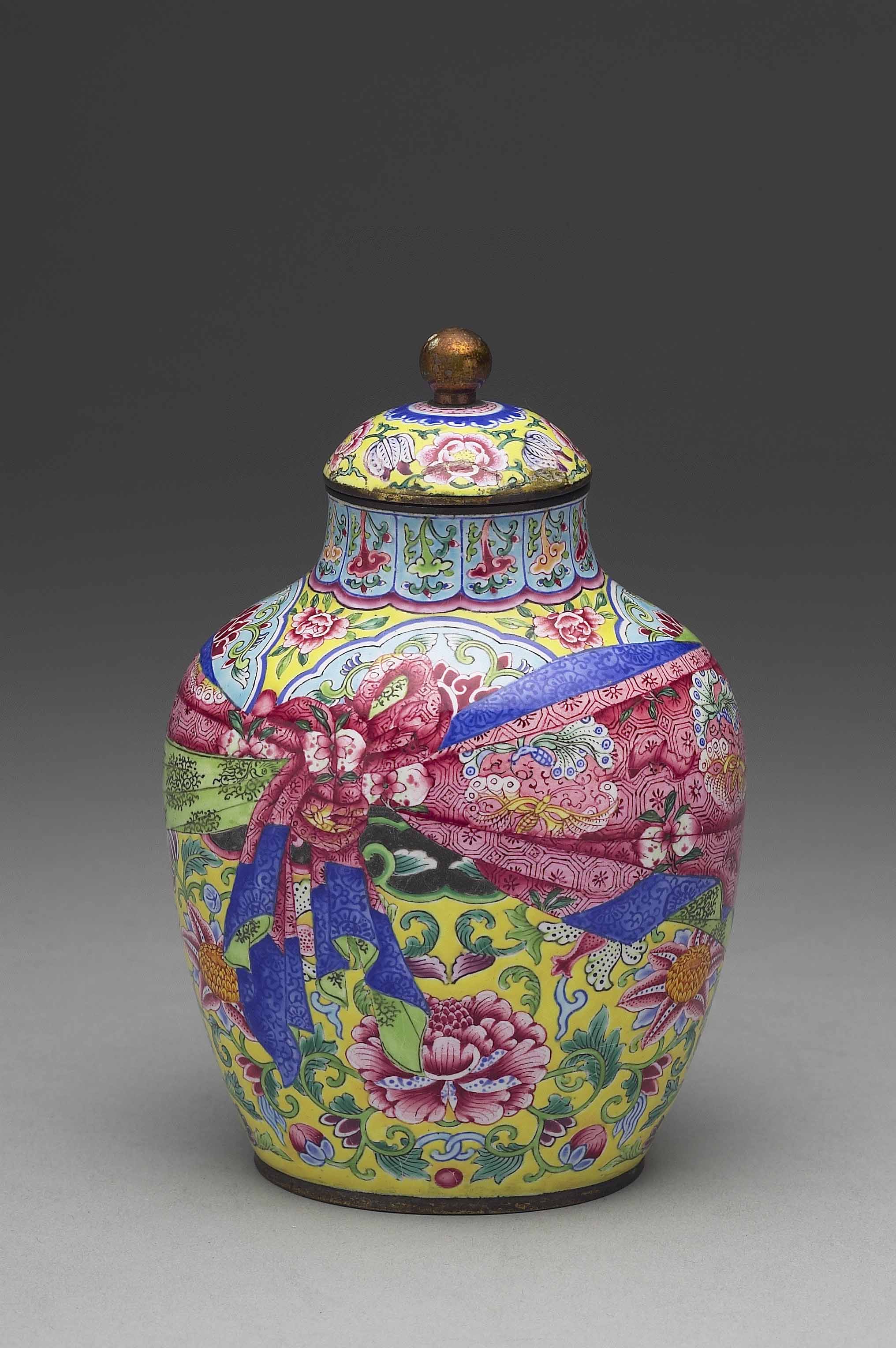 Enamel on Copper Lidded Jar in the Style of a Wrapping Cloth