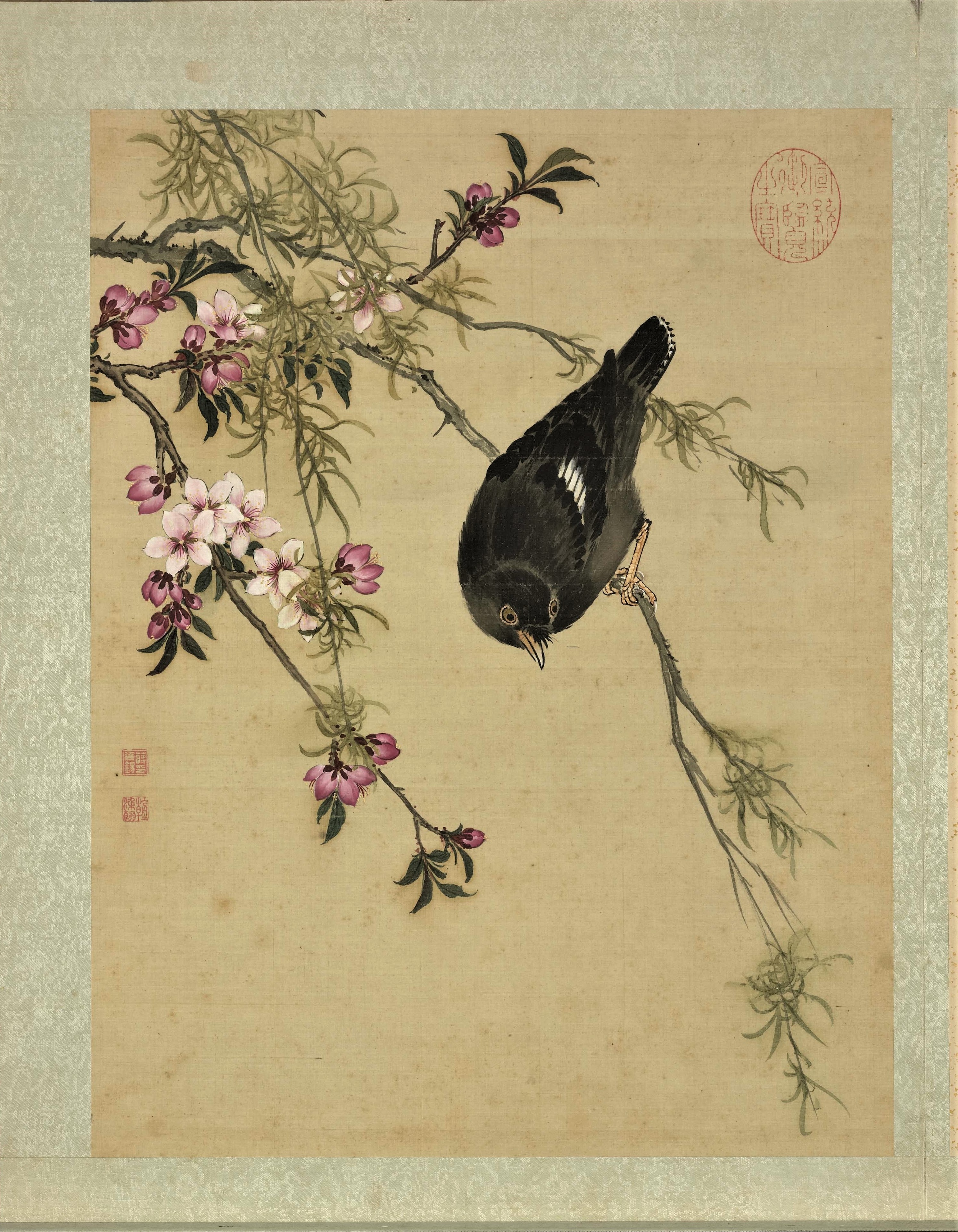 Crested Myna with Peach and Willow Branches