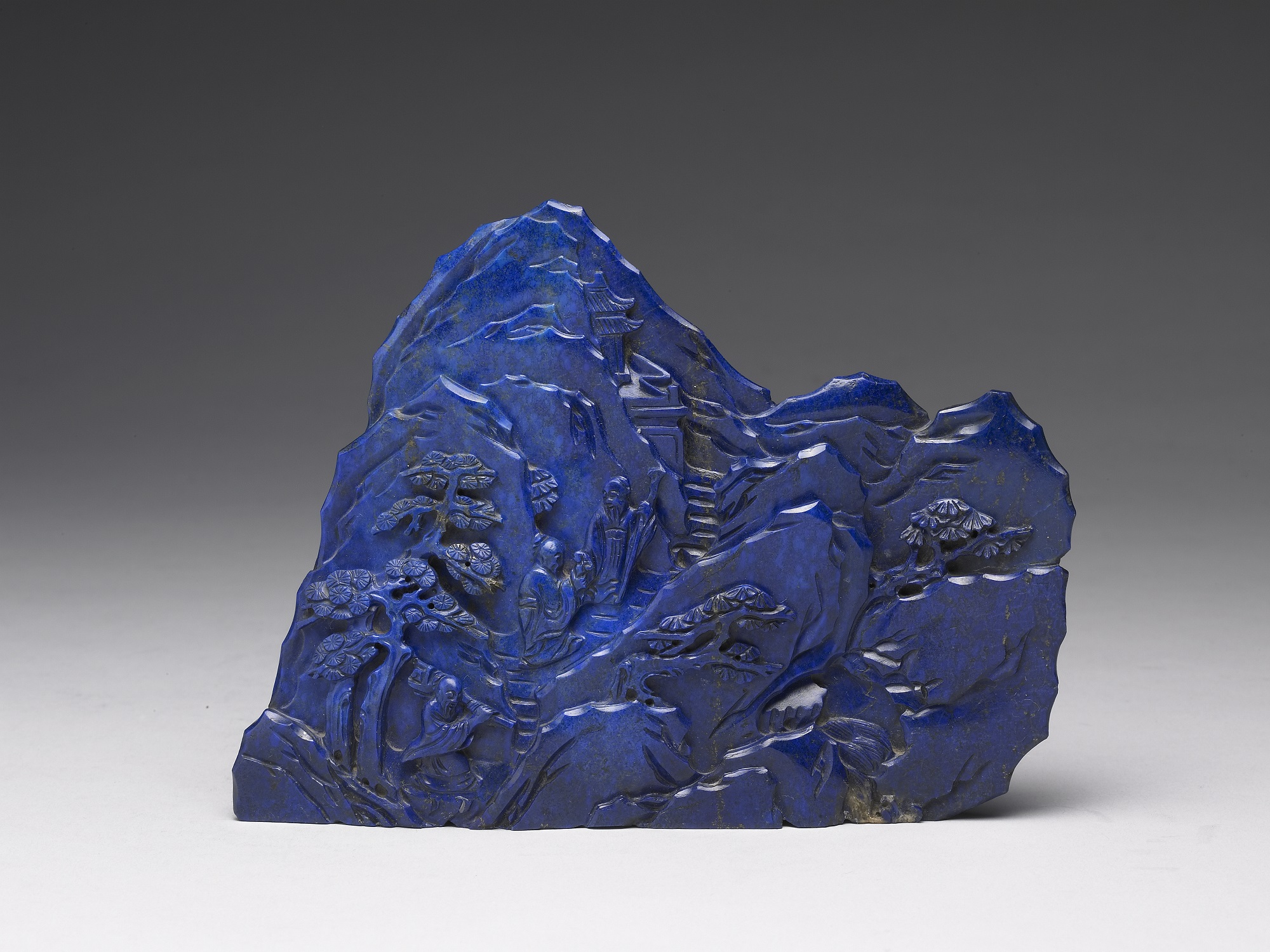 Lapis lazuli miniature mountain featuring the symbols of longevity, pine trees and deer