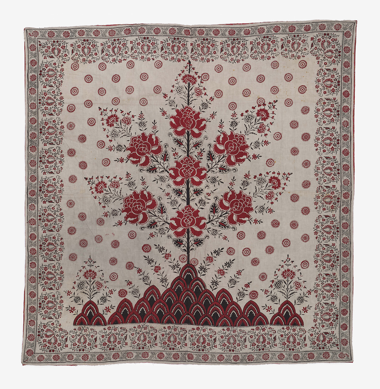 Kalamkari Bed Fitted Sheet with Red Flowers and Tree of Life Motif