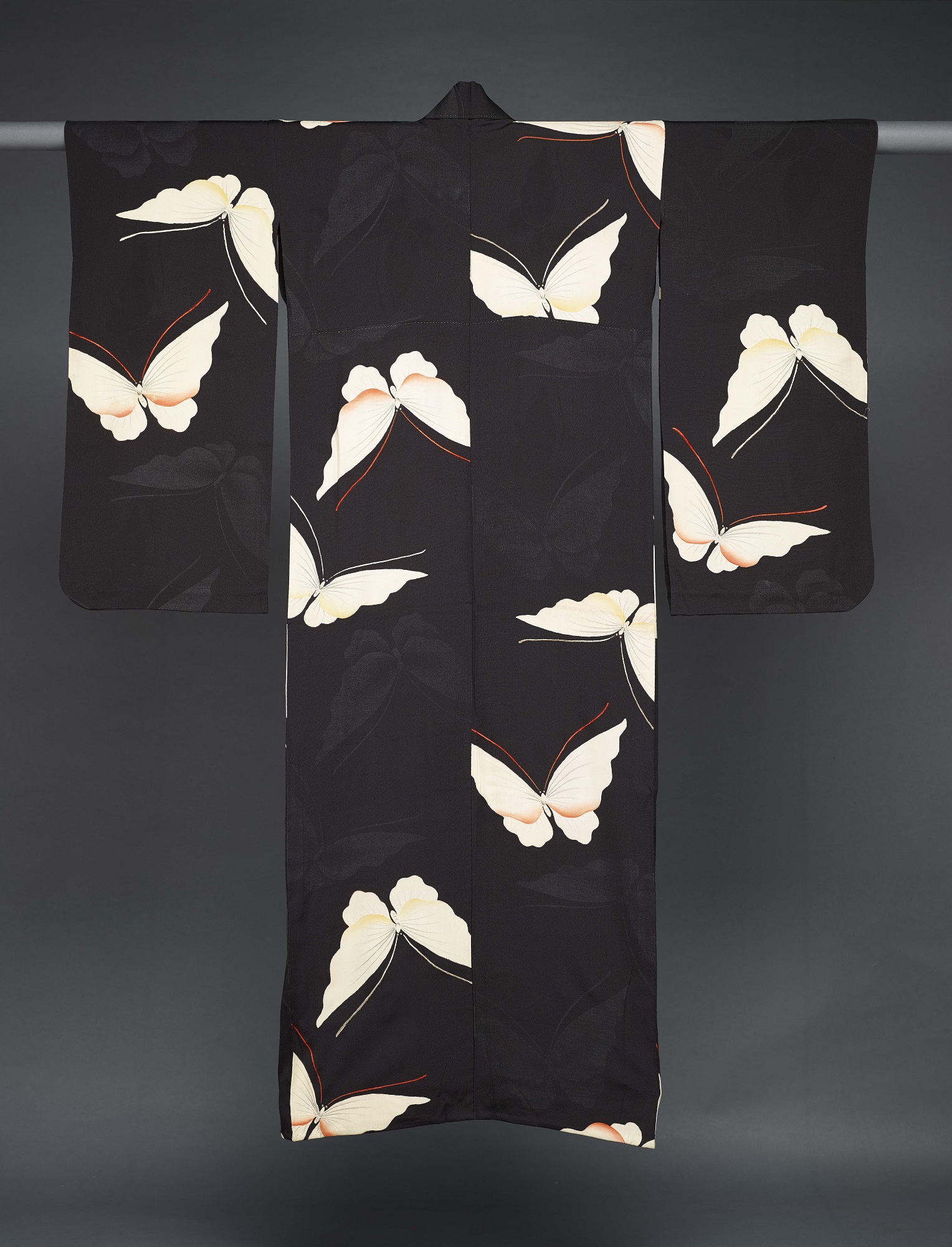 Yuzen-Dyed Kimono with Butterfly Motif on a Black Ground