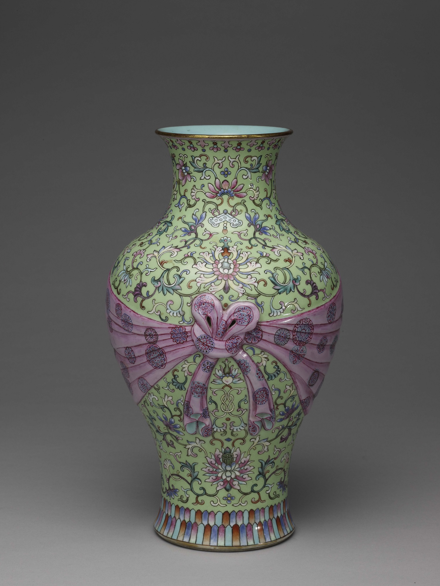 Vase with a Sash and Indian Lotus Scrolls in Fencai Polychrome Enamels