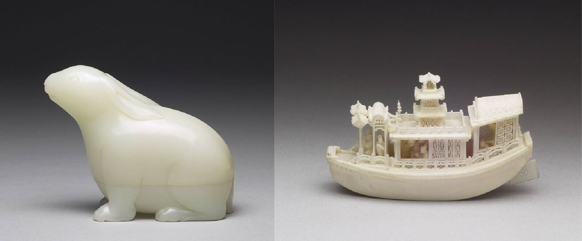 Ivory miniature boat with human figures in a jade rabbit case