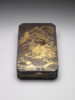 Maki-e box with landscape and pavilion