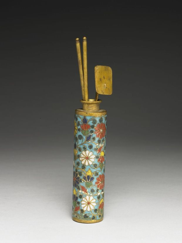 Incense holder with cloisonné chrysanthemum design Copper spoon and sticks included
