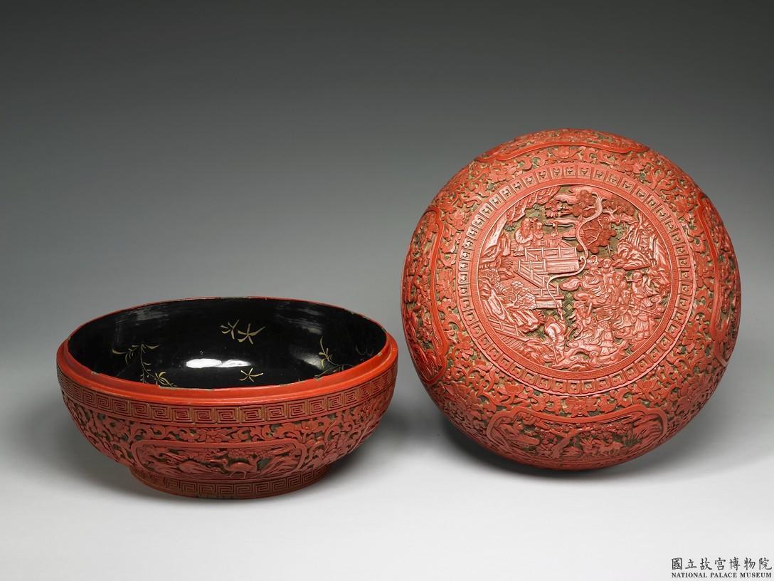 Carved-polychrome lacquer round box with decoration of the Eight Immortals
