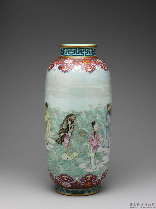 Vase with fencai polychrome decoration of the eight immortals offering longevity
