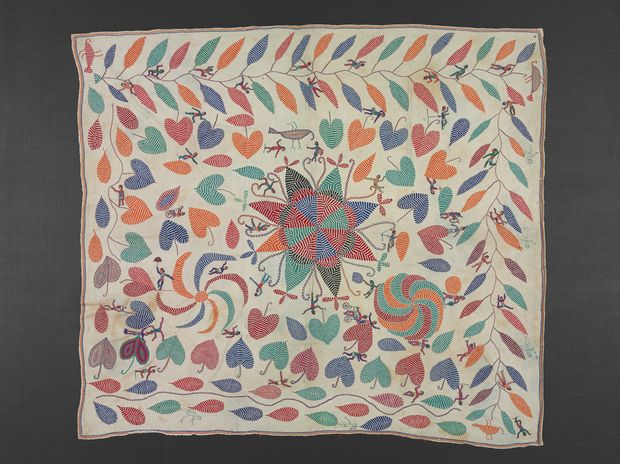 Embroidered quilt (kantha) wrapper or cover with animal and floral design