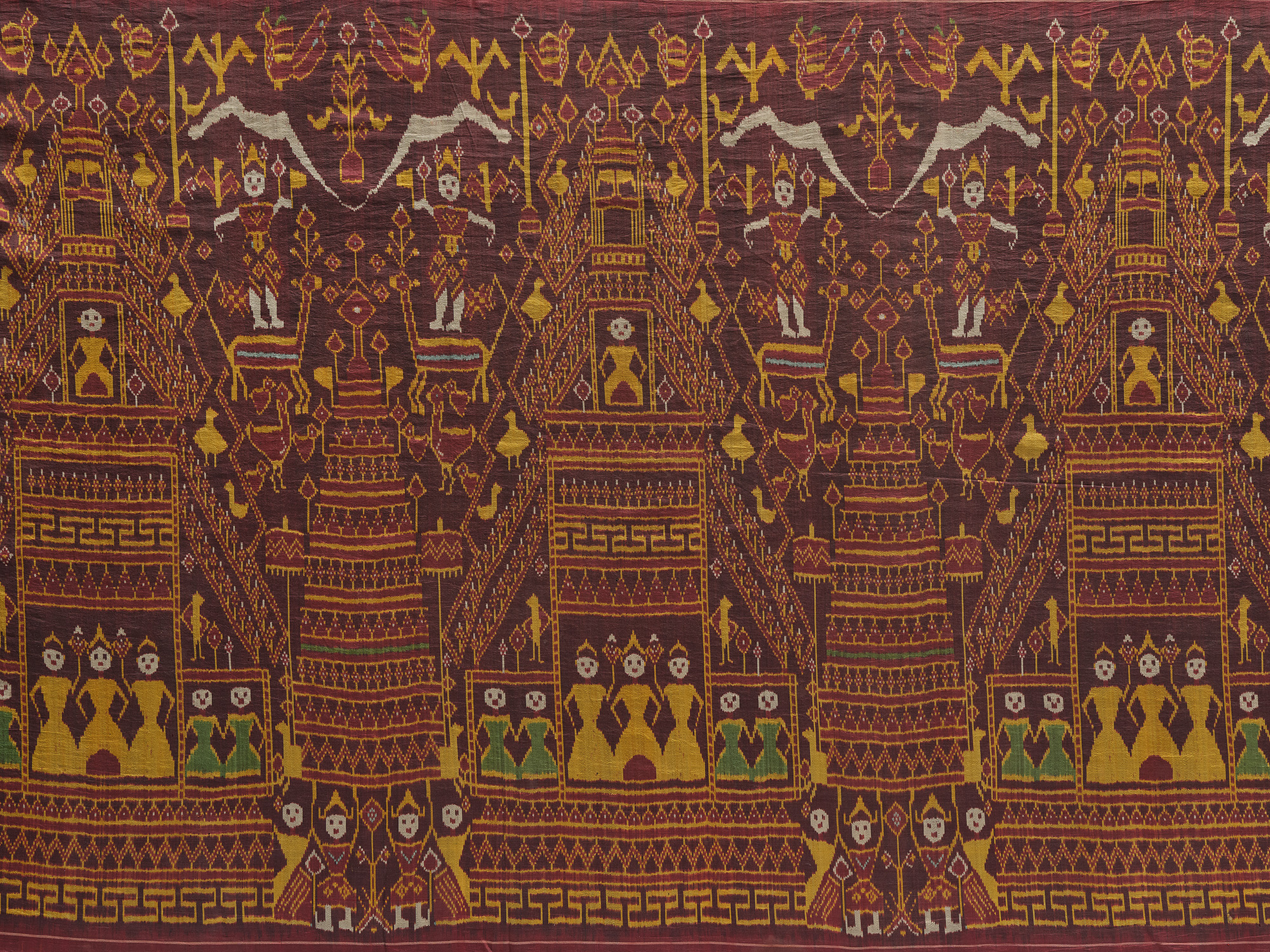 Ikat ceremonial hanging (pidan) with pavilion, stupa, figure and animal motifs