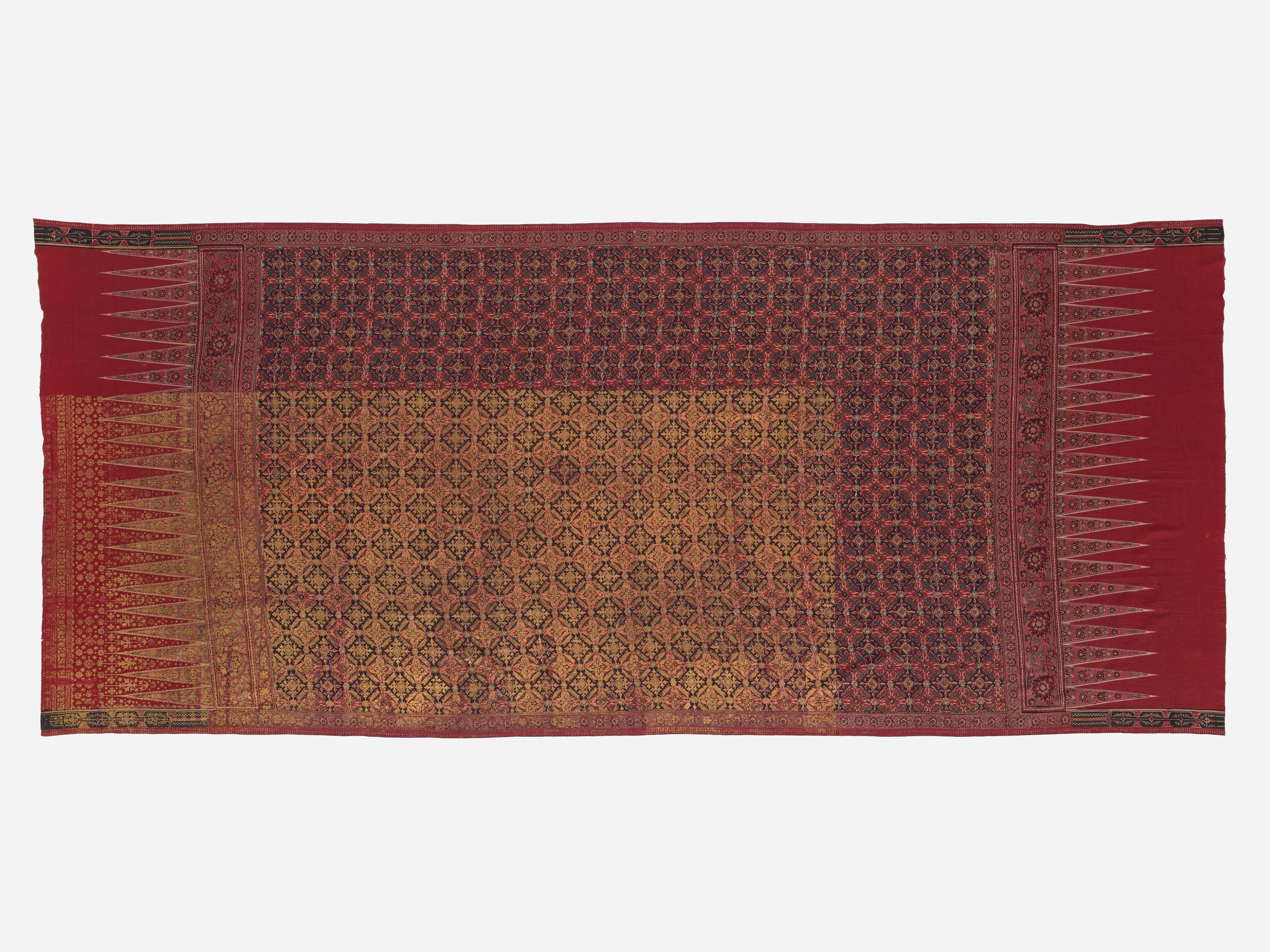 Kalamkari skirt cloth (kain sembagi) with gold leaf and floral-geometric patterns