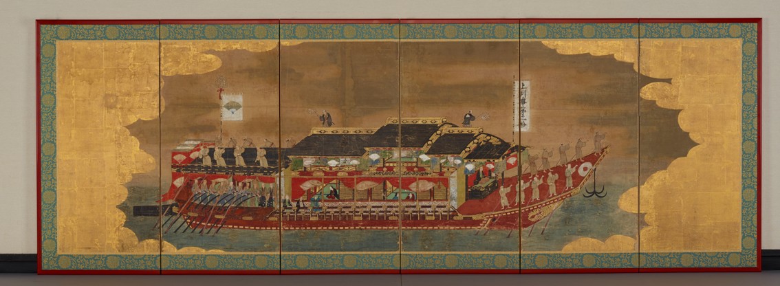 Six-Panel Screen of the Joseon Korean Embassy on an Official Riverboat