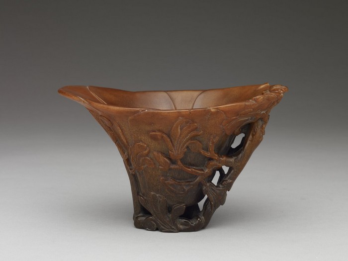Rhinoceros horn cup in the shape of a magnolia flower